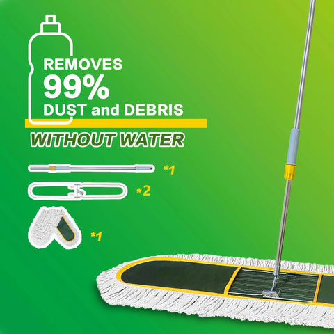 Heavy Duty Commercial Dust Mop For Hardwood Floors With Two Reusable Cotton Yarn Heads And Telescopic Stainless Steel Handle For No Sweat Sweep And Pro Grade Cleanup On Marble Or Tile Surfaces, showing mop and accessories.