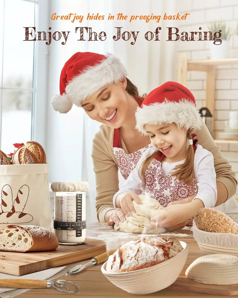 Mother and child baking with All In One Sourdough Starter Kit For Beginners With No Fuss Easy To Clean Tools, bread, and basket.