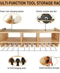 Heavy Duty Wall Mounted Power Tool Organizer With 12 Slots For Drill, Wrench, Screwdriver And Circular Saw, Solid Wood Charging Station