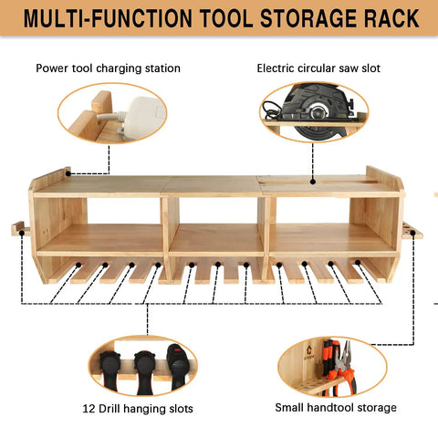 Heavy Duty Wall Mounted Power Tool Organizer With 12 Slots For Drill, Wrench, Screwdriver And Circular Saw, Solid Wood Charging Station