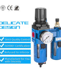 Half Inch NPT Air Filter Regulator Lubricator Combo With Water And Oil Trap Separator, Gauge To 150 PSI, shown with quality certifications.