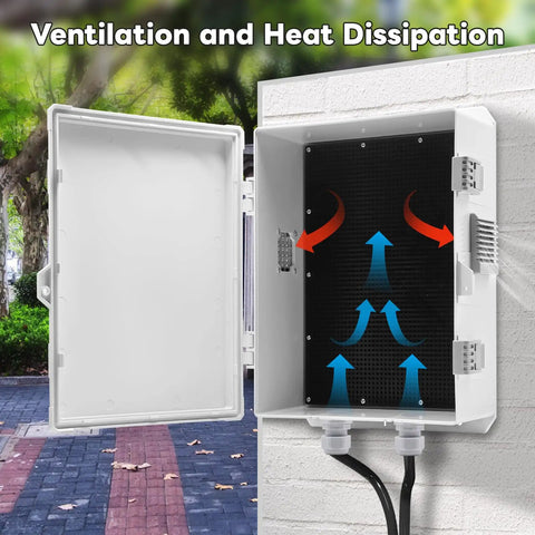 Heavy Duty Outdoor Electrical Box With Waterproof ABS Enclosure Ventilated Weatherproof Housing And Mounting Plate Ideal For EV Chargers Routers CCTV And Outdoor Power Equipment UV Resistant Durable Outdoor Rated Box 13 By 9.2 By 5.6 Inches open with arrows indicating ventilation