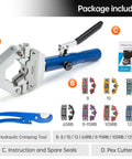 Hydra-Krimp 71500 Manual Air Conditioning Hose Crimper Kit with hydraulic tool, crimp dies 6-12 SRB, instructions, and pex cutter