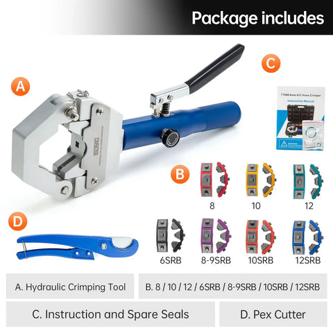 Hydra-Krimp 71500 Manual Air Conditioning Hose Crimper Kit with hydraulic tool, crimp dies 6-12 SRB, instructions, and pex cutter