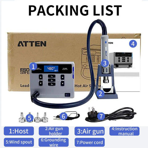 Packing list for Hot Air Soldering Station With 1000W Power, ST862D Digital Rework Station, LCD Display, 4 Nozzles, Auto Sleep Function.