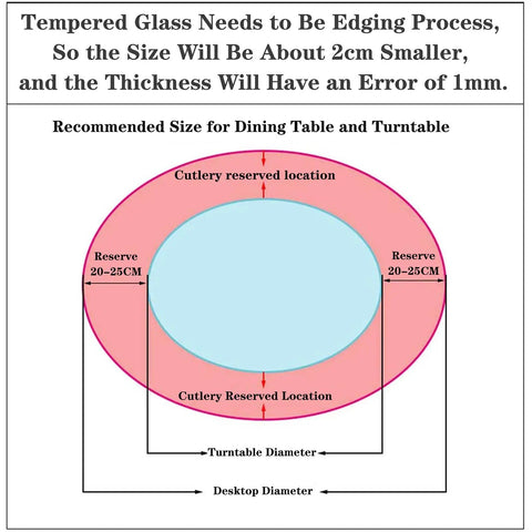 Diagram showing sizing for Transparent Tempered Glass Lazy Susan Turntable With Silent Bearing on dining table