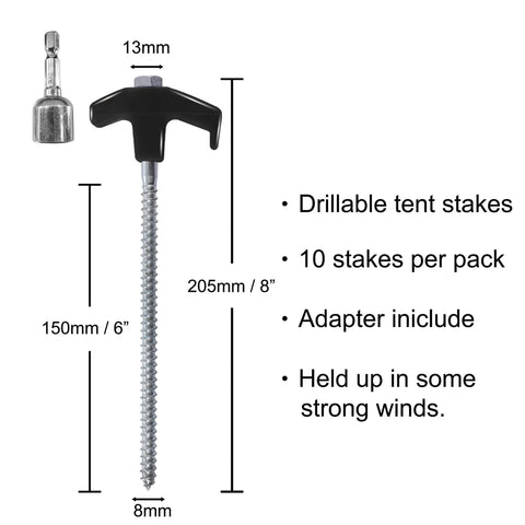 Drillable Garden Shed Stakes With Bonus Adapter And Tie Downs Built Tough Pro Grade Powder Coated Steel Ground Anchors Nut Driver Included Easy Drill Install Black dimensions and parts displayed