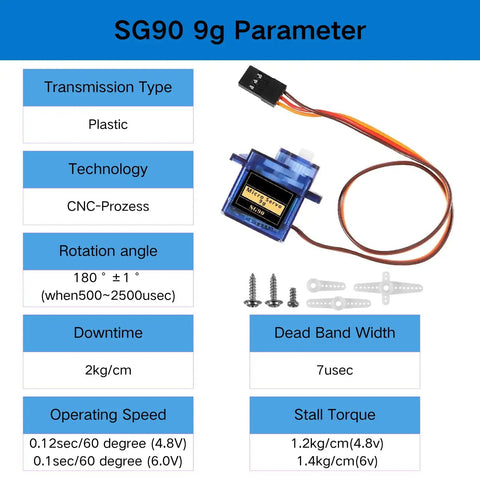 Eight Pack SG90 Digital Servo Motor 9G Metal Gear Micro Servos details with specifications and setup for RC and robotics.