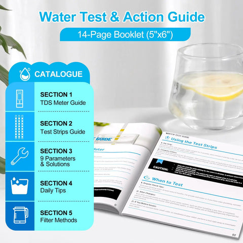 Water Test Kit With TDS Meter And 20 Test Strips, Eight In One Diagnostics, User Action Guide And Two Record Sheets booklet