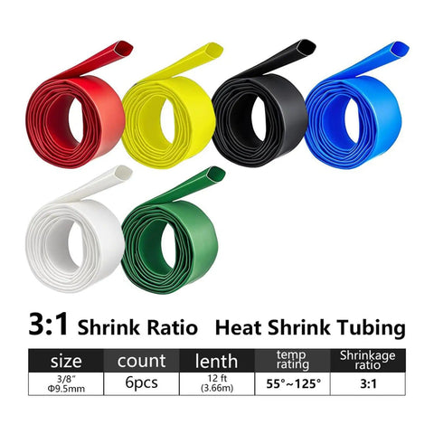 Six rolled tubes in red, blue, green, black, white, and yellow from Three Eighths Inch Heat Shrink Tubing Kit With Three To One Adhesive Lined Shrink Tube Twelve Feet Total Six Colors Red Blue Green Black White Yellow Marine Grade Waterproof Oil And Wear Resistant For Industrial Automotive Wire And Cable Repair on white background.