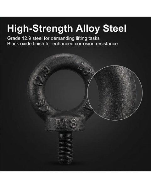 4 Piece Five Sixteenth Inch Eyebolt Set Heavy Duty For Hanging And Tie Down Outdoor Hardware Fixing WLL 0.8 Tons 1763 Lbs DIN 580 Forged Steel M8 Thread Eyebolts, black oxide finish
