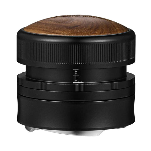 Pro Level Espresso Coffee Distributor And Tamper Set 58.35mm with wooden top, adjustable depth for home baristas.