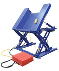Electric Hydraulic Ground Lift Table With Tilt Top, 44 By 52 Inch Steel Deck, 4000 Lb Capacity, blue lift table angled view.