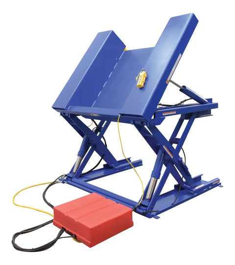 Electric Hydraulic Ground Lift Table With Tilt Top, 44 By 52 Inch Steel Deck, 4000 Lb Capacity, blue lift table angled view.