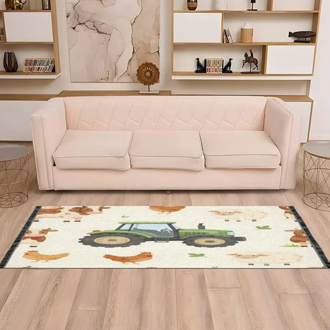 Farm Animals Cartoon Tractor Runner Rug 2x6 Hallway Mat Perfect For Narrow Hallways in living room with white couch.