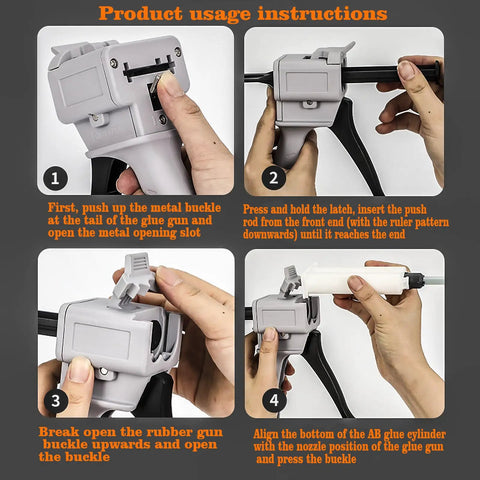 Top Rack 2 Pack Manual Dispensing Gun, 50ml Cartridge Base, Exact 10 To 1 Mix Ratio, Comfortable Squeeze Action, Zero Drip Epoxy And Silicone Applicator Kit usage instructions with step-by-step process.