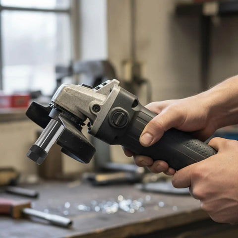 Person holding Threaded Angle Grinder Extension Rod to Drill Adapter with ER16 Spring Collet Set in workshop.