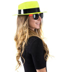Woman wearing Neon Fedora Party Hats And Sunglasses Set For 80s Gangster Theme, Glow Party Accessories, 24 Pc Neon Party Favors