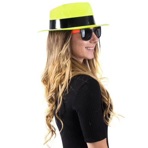 Woman wearing Neon Fedora Party Hats And Sunglasses Set For 80s Gangster Theme, Glow Party Accessories, 24 Pc Neon Party Favors