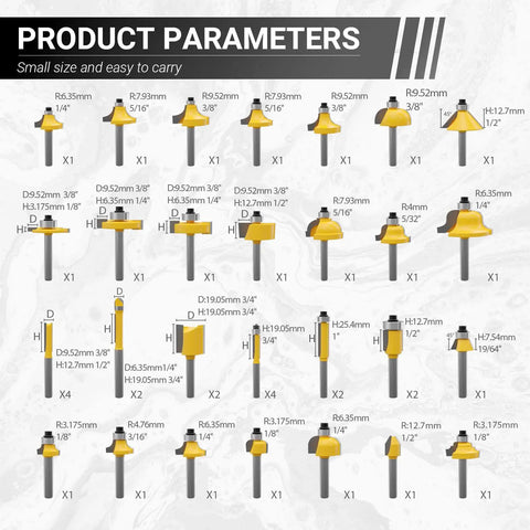Selection of router bits from 100 Piece Router Bit Set With 1/4 Inch Shank Tungsten Carbide Cutters For Hardwood And Softwood.