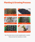 Space Saving 50 Pod Vertical Hydroponic Tower planting and growing process steps with images of soaking seeds and sponges