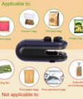 2 In 1 Bag Sealer And Cutter With Magnetic Rechargeable Power showing applicable and non-applicable bag types, compact blue design.