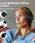 Woman wearing Over Ear Wireless Headphones With 80 Hour Battery Life, Deep Bass EQ And ENC Mic, Foldable Comfort, indoors.
