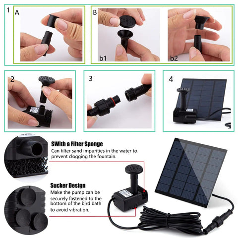 Separate Solar Panel Fountain Kit With 1.8W Upgraded Pump, 3M Cable, Four Nozzles assembly demonstration for bird bath and garden ponds.