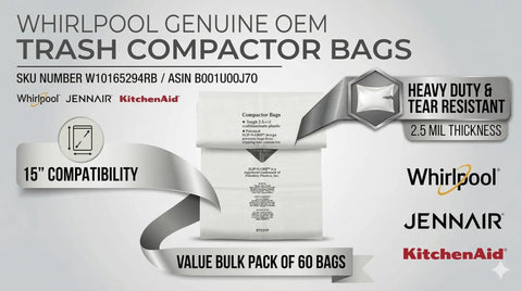 Image of Heavy Duty 15 Inch Trash Compactor Bags 60 Pack, 3 Mil Thick with compatible brands Whirlpool, JennAir, KitchenAid, OEM Replacement