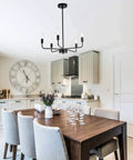Dope Matte Black Chandelier Modern Farmhouse Candle Ceiling Light Five Light Pendant Fixture in a bright kitchen setting