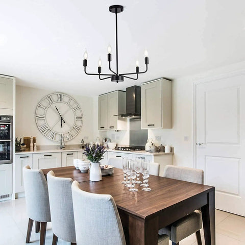 Dope Matte Black Chandelier Modern Farmhouse Candle Ceiling Light Five Light Pendant Fixture in a bright kitchen setting
