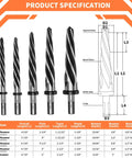 Pro Grade M2 HSS Tapered Reamer Drill Bit Set 5 Piece Precision Reamers For Metal Wood Plastic with specifications chart