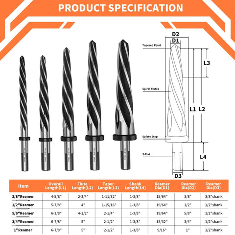 Pro Grade M2 HSS Tapered Reamer Drill Bit Set 5 Piece Precision Reamers For Metal Wood Plastic with specifications chart