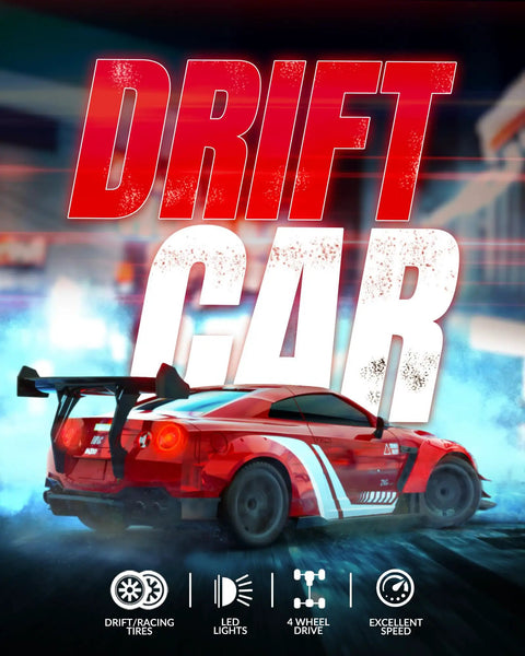 Crazy Fast 1 To 20 Scale RC Drift Car With LED Lights 4WD Remote Control Vehicle on a track at night with motion blur