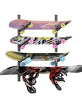 Heavy Duty Carbon Steel 4 Layer Skateboard Wall Mount Rack Snowboard Ski Display Holder with four skateboards mounted.
