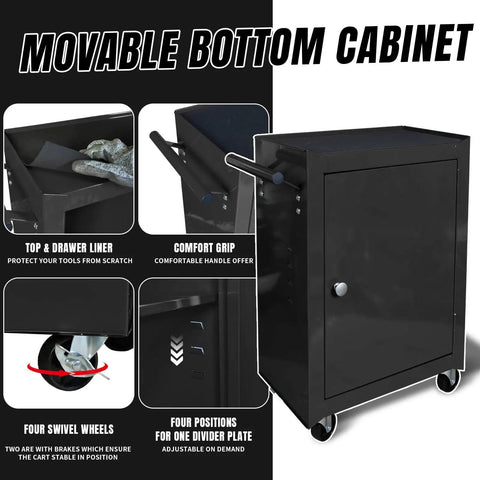 Rolling Garage Tool Organizer With Detachable 3 Drawer Chest And Large Cabinet, Adjustable Shelf, Steel On Wheels