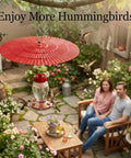 Two Pack 11.5 Inch Metal Bird Feeder Rain Guard With Red Umbrella Dome Shield Weather Baffles in use with hummingbird feeder