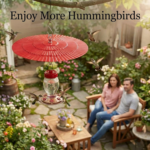 Two Pack 11.5 Inch Metal Bird Feeder Rain Guard With Red Umbrella Dome Shield Weather Baffles in use with hummingbird feeder
