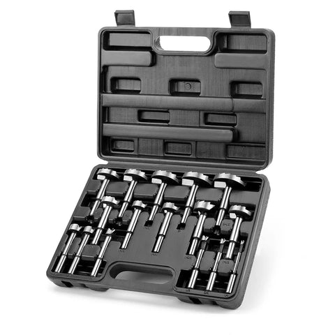 Sixteen Piece Forstner Bit Set For Woodworking, Pro Grade Precision Carbon Steel Drill Bits displayed in a black case