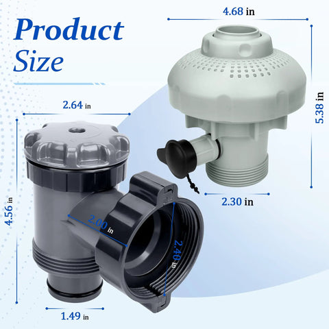 Pool Plunger Valve 12355 with Strainer for Above Ground Pool Parts Replacement, detailed view with dimensions visible