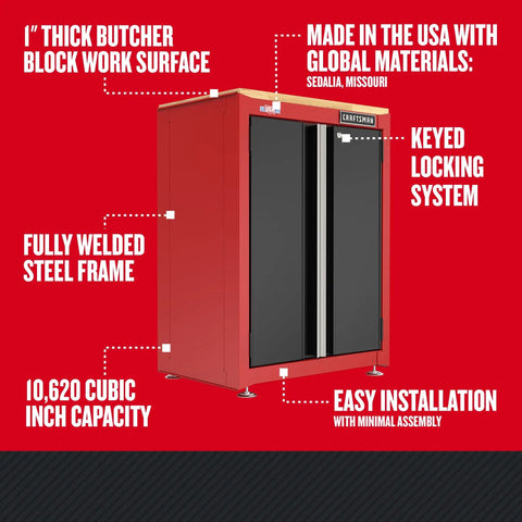 Heavy Duty Metal Garage Storage Cabinet With Two Doors Base Unit, Built To Last Welded Steel Frame, 10,620 Cubic Inch Capacity, Locking System, 1 Inch Butcher Block Work Surface, Made In USA Sedalia Missouri