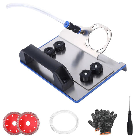 Adjustable 45 Degree Tile Chamfering Tool With Angle Grinder Stand And Attachments Includes 1 Meter Hose Gloves Screwdrivers Two Blades Bracket Set For Pro Grade Tile Cuts And Easy Chamfers Fathers Day Gift, shown with components like stand and blades.