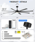 84 Inch Industrial Ceiling Fan With Light, remote control, app display, Alexa compatibility, dimensions, suitable for outdoor spaces.
