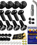 Anti Theft License Plate Screws Black Security Bolts Fasteners Kit For Front And Rear License Plate Frames Car Truck Motorcycle Mounting Hardware Quarter Inch M6 Stainless Steel Screws Caps And Nuts shown in complete hardware set with installation tools.