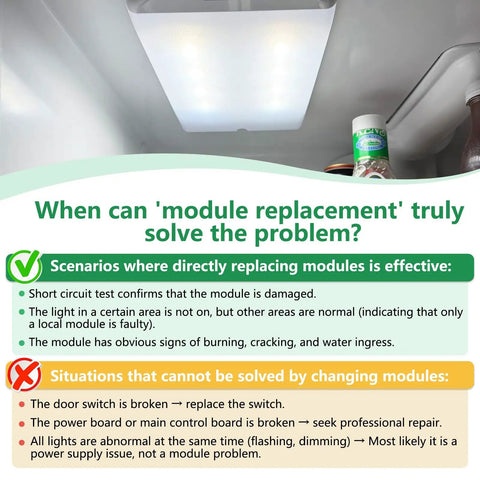 Interior view showing Refrigerator LED Light Module Replacement with instruction list and light glowing inside fridge