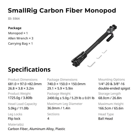 Image showing packaged Carbon Fiber Camera Monopod With One Touch Height Adjustment And 5kg Payload Ball Head 65.6 Inch Reach