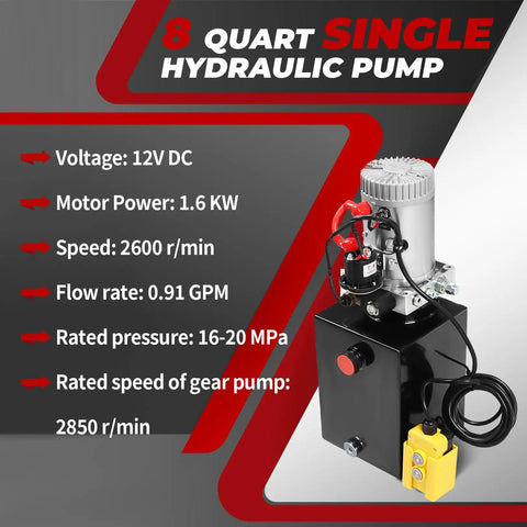 12V DC Hydraulic Pump Power Unit 8 Quart Tank Single Acting System With 3200 PSI Port A Relief And 1500 PSI Port B Plus 15 Foot Remote Control And Beefy Steel Construction, 8 quart tank