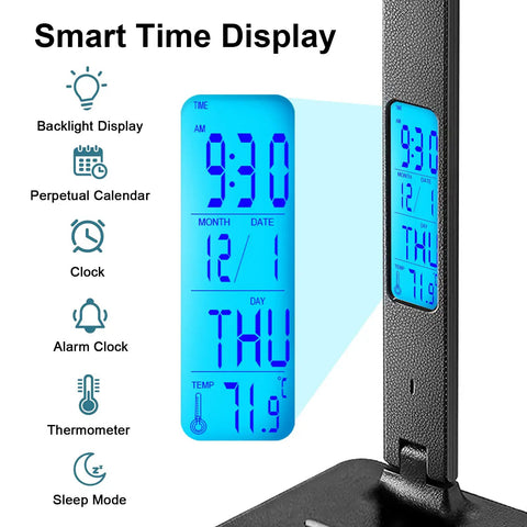Desk Lamp With 10W Wireless Charger And USB Port, Clock LCD Display, showing time, date, day, and temperature features.
