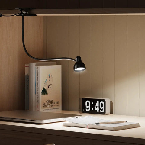 Clip-On Reading Light With Eye Care, 3 Color Modes And 10 Dimmable Levels, Flexible Gooseneck Desk Lamp on nightstand with books and clock