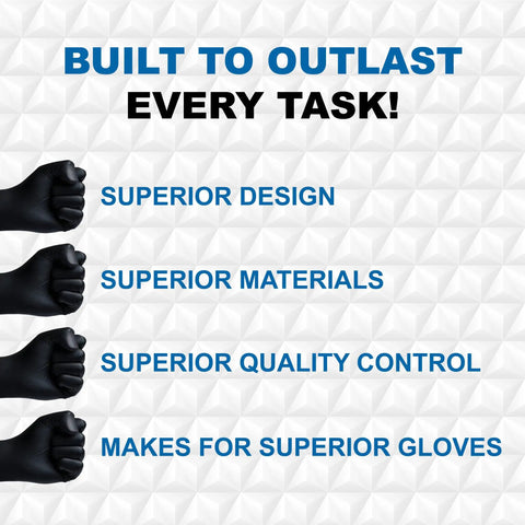 Heavy Duty Black Nitrile Work Gloves For Trades Pros Featuring Serious Textured Grip And Powder Free Latex Free Industrial Grade Protection Tough As Nails For Mechanics And Real Gritty Job Sites Daily on display with strong fists.